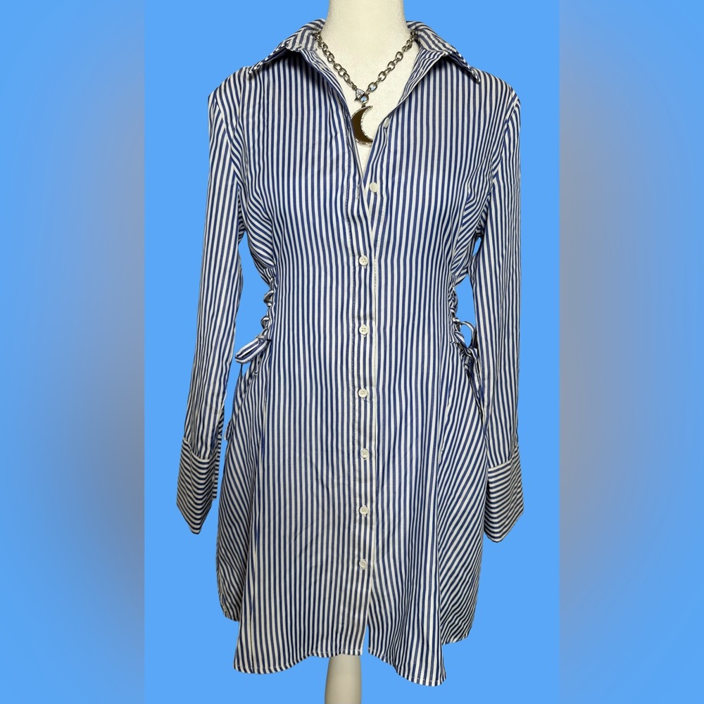 The Room Navy and White Striped Button Down Shirt Dress